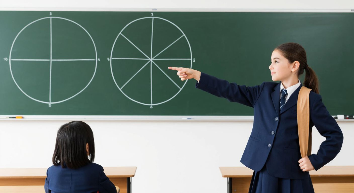 A serene classroom scene with a young student in a blue school uniform pointing confidently at a large, unlabeled unit circle diagram on a chalkboard, highlighting the second quadrant with a wooden pointer.