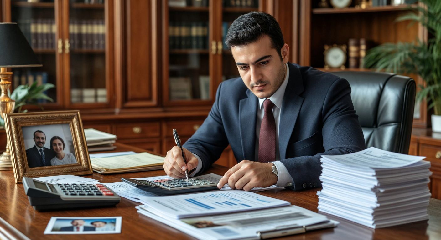A Turkish accountant in a tidy office reviews financial documents while pointing to a calculator and a stack of receipts, with a family photo and a health insurance policy visible on the desk.