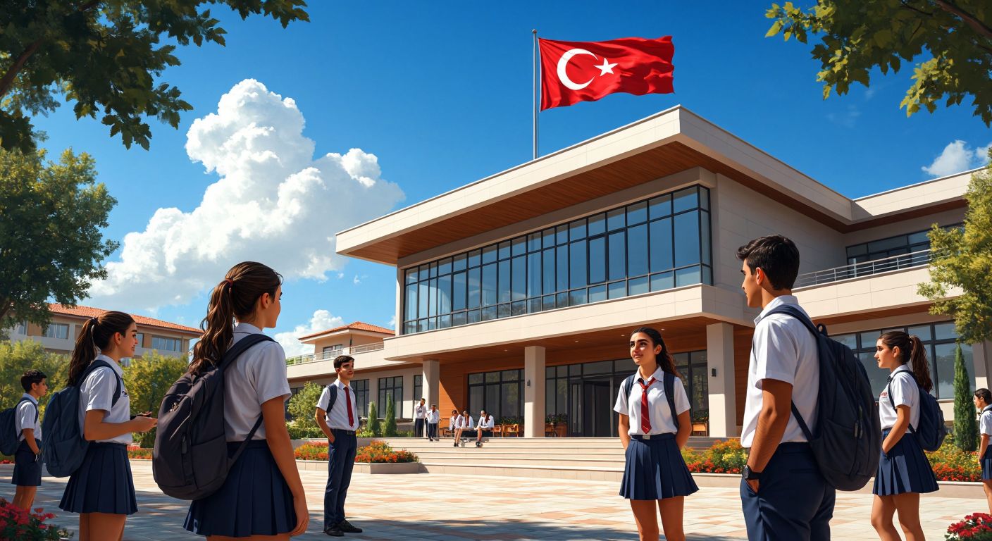 A modern Turkish high school building with students in uniforms chatting outside, their expressions neutral yet focused, under a clear blue sky with a flagpole bearing the Turkish flag.