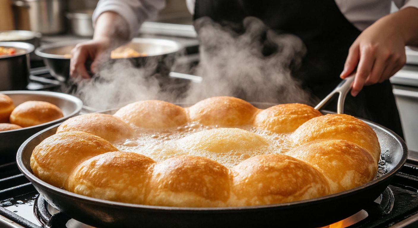 A golden-brown, puffy sodalı pişi frying in a deep pan of bubbling oil, with steam rising and a cook in a Turkish kitchen smiling as they flip the crispy dough.