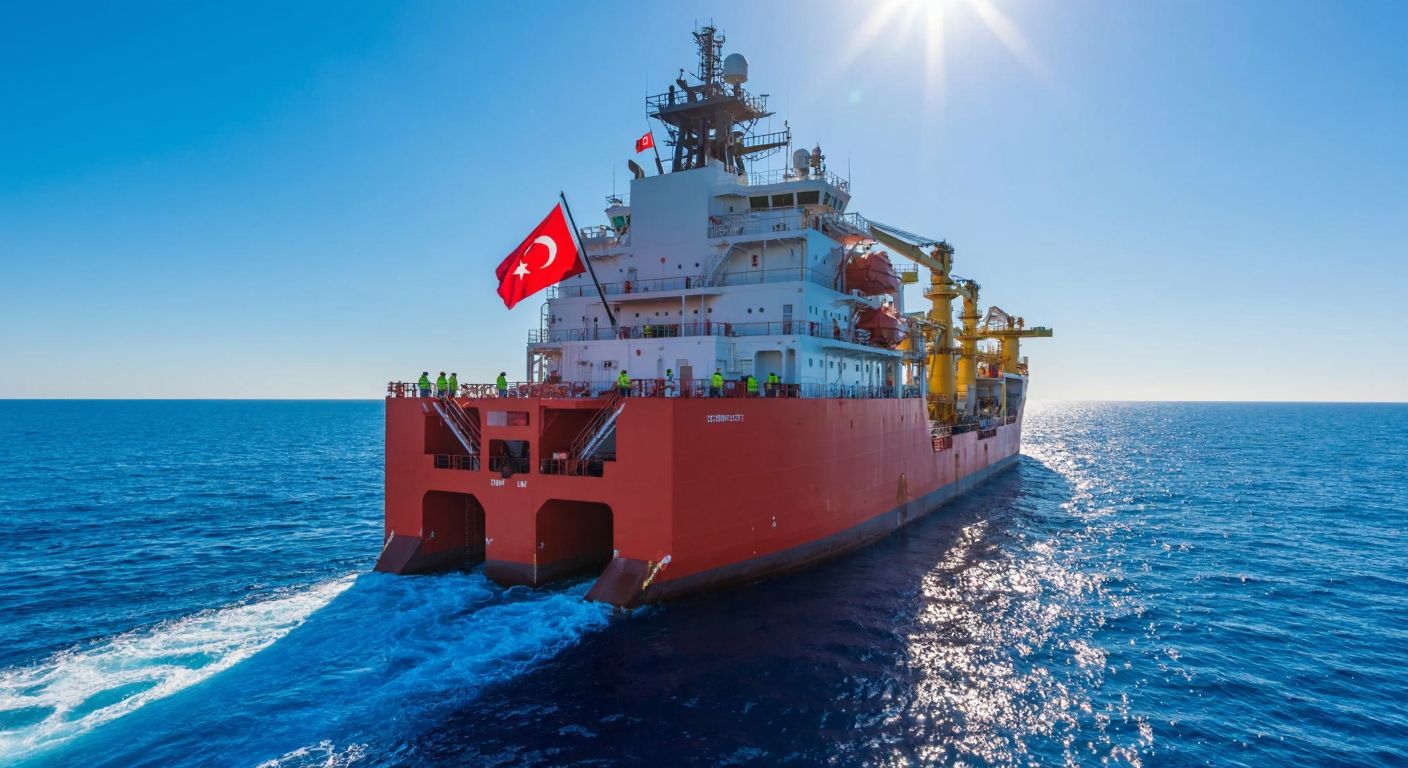 A massive red-and-white drillship with the Turkish flag on its stern, anchored in deep blue waters under a bright sun, with a group of engineers in hard hats inspecting equipment on deck.