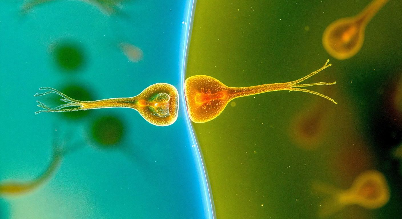 A vibrant microscopic view of an amoeba splitting into two identical halves, surrounded by floating spores and budding hydra in a translucent aquatic environment.