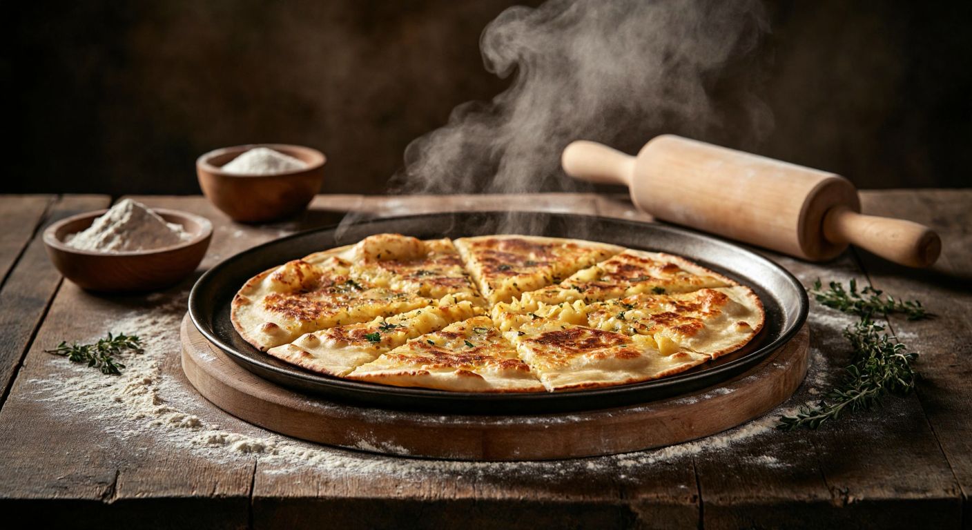 A warm, golden gözleme sizzles on a traditional Turkish sac griddle, its thin dough crisping at the edges while steam rises from the savory potato filling, surrounded by scattered flour and a wooden rolling pin on a rustic wooden table.
