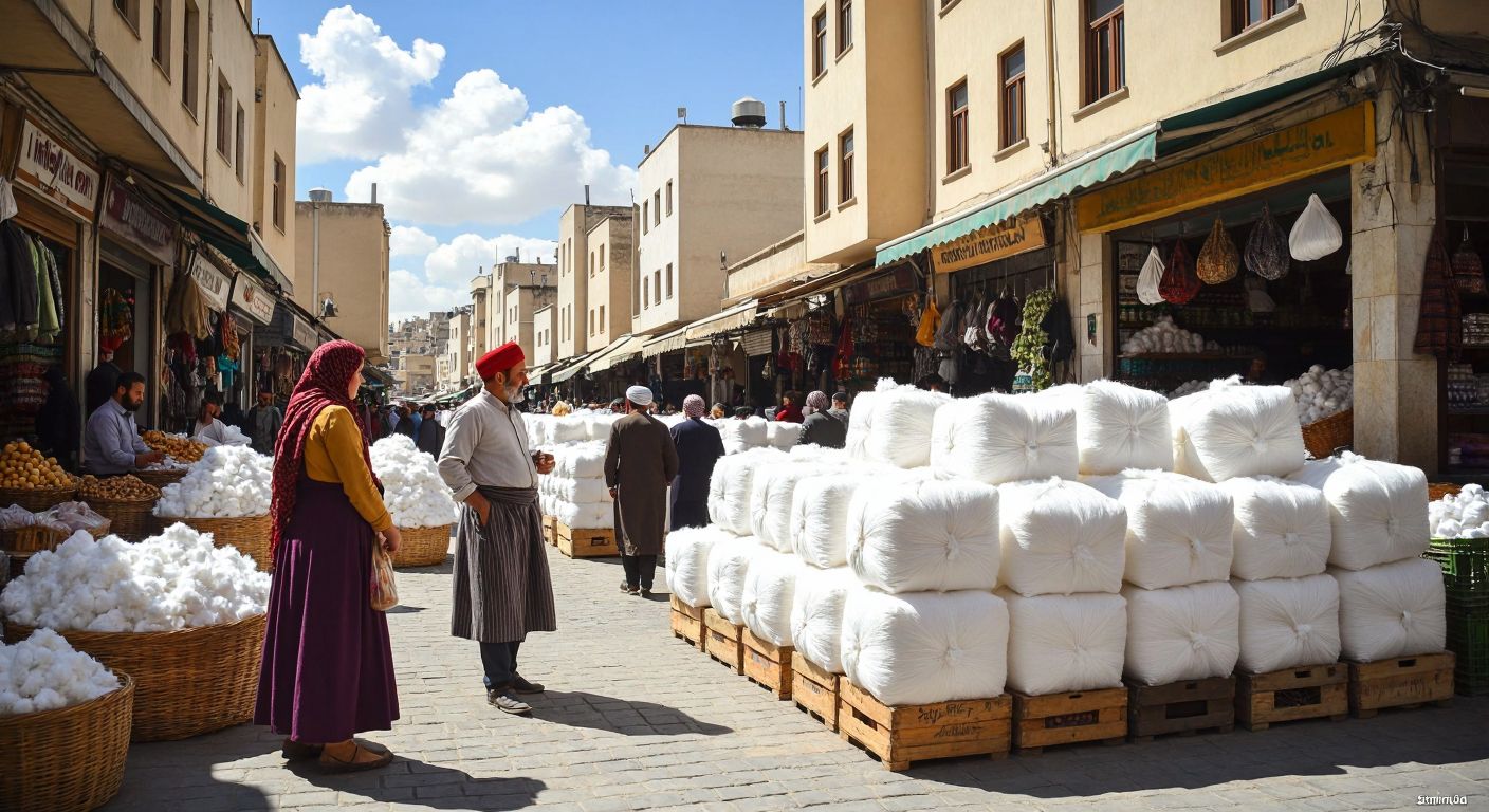 A bustling marketplace in Şanlıurfa with stacks of fluffy white cotton bales under a bright sun, traders in traditional Turkish attire negotiating deals amid the vibrant energy of the exchange.
