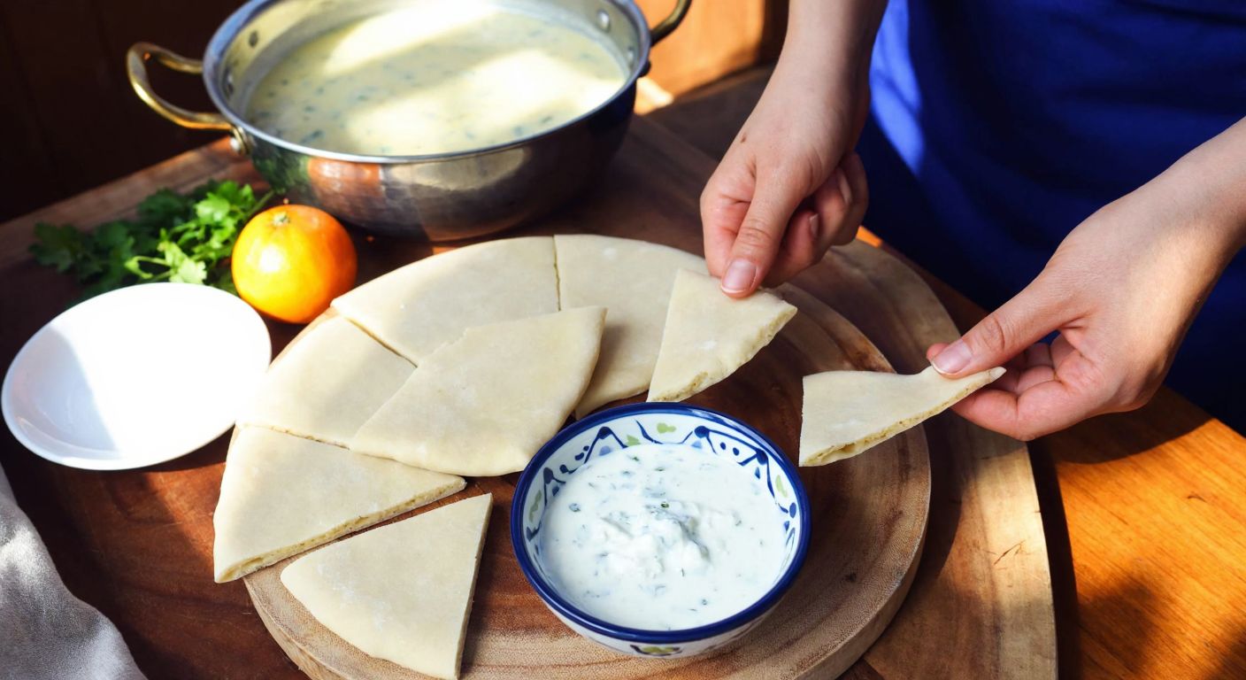 A pair of hands carefully cutting thin, triangular pieces of boiled *kuşdili* dough on a wooden surface, with a bowl of creamy yogurt sauce and a steaming pot nearby in a sunlit Turkish kitchen.