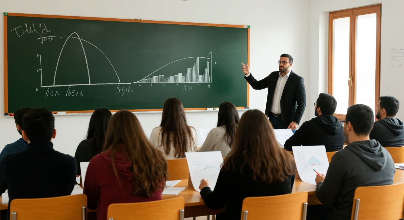 A Turkish university classroom with students attentively analyzing data on paper graphs while a professor gestures toward a bell curve drawn on a chalkboard.