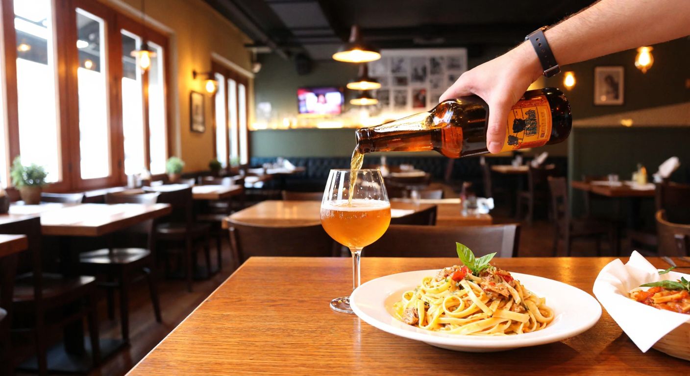 A cozy Italian restaurant in Istanbul with warm lighting, wooden tables, and a bartender pouring an amber ale into a glass, while a plate of pasta sits nearby.