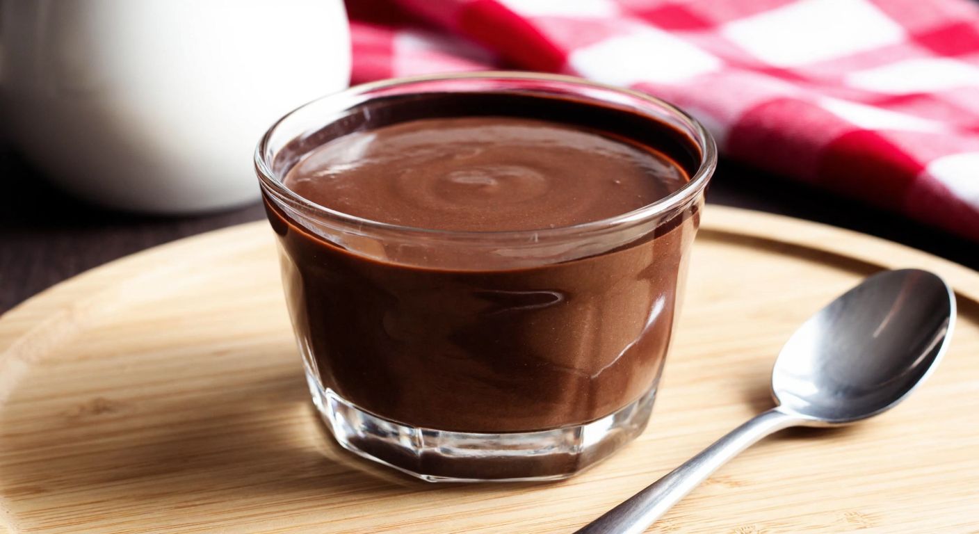 A small glass bowl filled with smooth chocolate pudding, placed on a wooden table with a spoon beside it, evoking a cozy Turkish home setting.