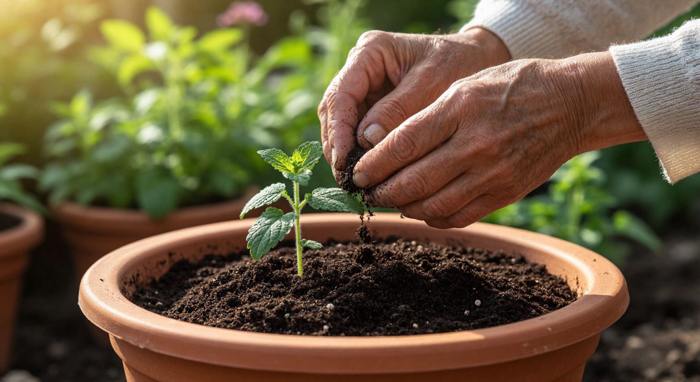 A pair of weathered hands carefully planting tiny melissa seeds in rich, dark soil within a terracotta pot, with a sunlit Turkish garden in the background.
