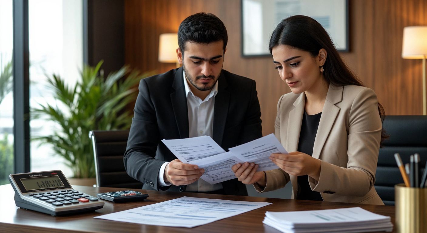A Turkish office worker in a business-casual outfit hands a stack of receipts to a finance department employee across a desk, with a calculator and a neatly filled-out reimbursement form beside them, both looking focused and professional.