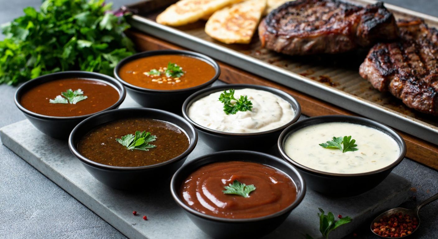 A rustic Turkish kitchen counter displays small bowls of rich brown sauce, tangy barbecue sauce, creamy mushroom sauce, and smooth béchamel, each garnished with fresh herbs, next to a sizzling piece of grilled meat.