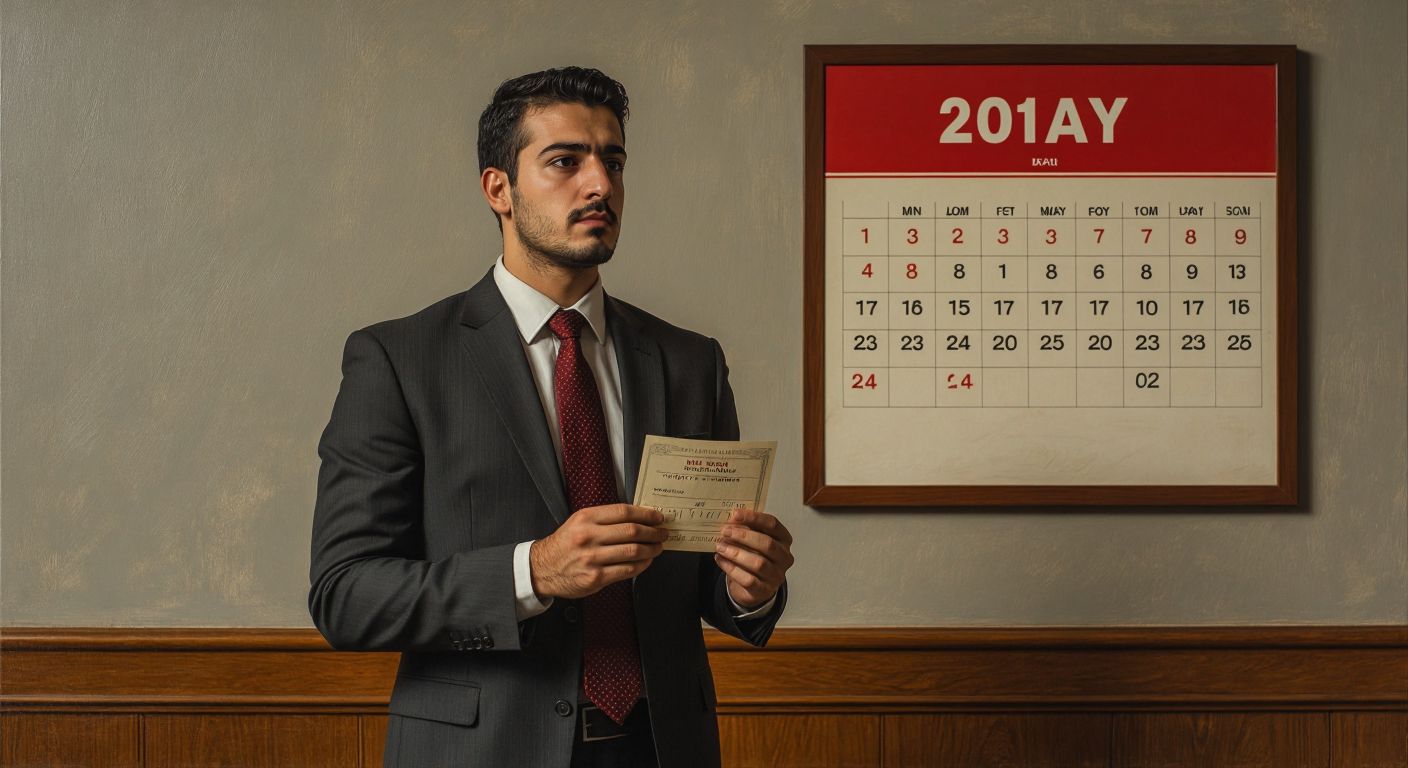 A Turkish businessman in a formal suit holds a check thoughtfully while standing in a bank with a calendar on the wall showing a red-marked holiday date.