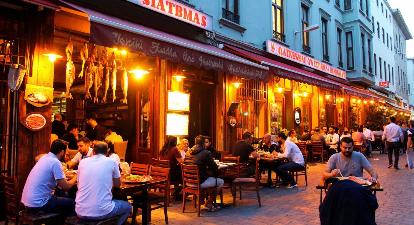 A bustling street in Istanbul's historic Fatih district, with a warmly lit restaurant displaying fresh seafood and grilled meats, surrounded by locals chatting and enjoying meals under a traditional Turkish awning.