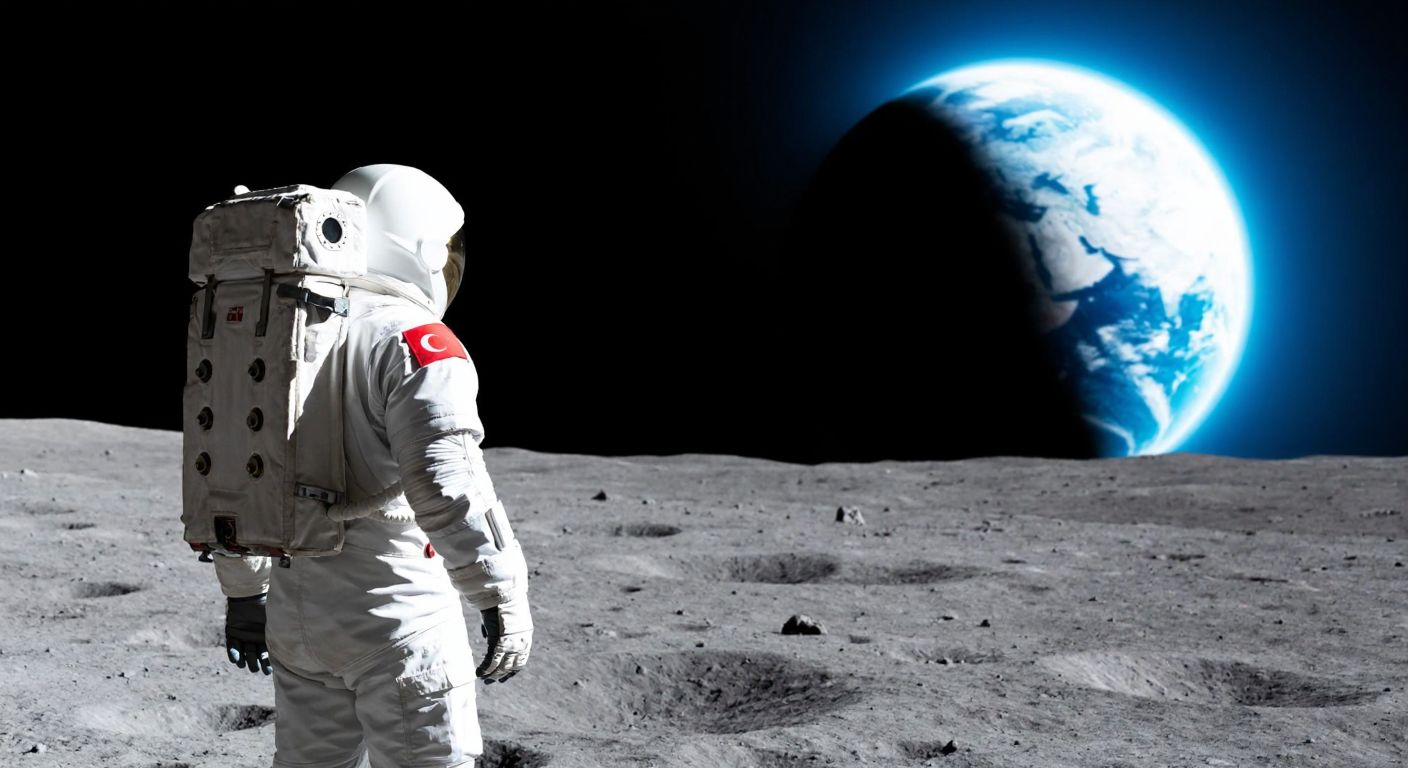 A lone astronaut in a white spacesuit stands on the barren, gray surface of the Moon, gazing at Earth glowing in the dark sky, with a small Turkish flag subtly stitched on the suit's shoulder.