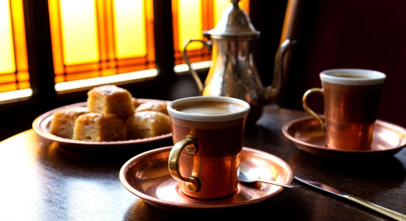 A cozy Turkish café with a steaming cup of rich, dark coffee on a copper tray, surrounded by traditional Turkish coffee cups and a plate of baklava, with warm sunlight filtering through stained-glass windows.