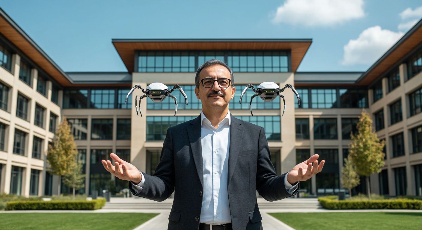 A distinguished Turkish professor in a formal suit stands confidently in front of Koç University’s modern campus, with futuristic micro-robots inspired by nature hovering near his hands, symbolizing his groundbreaking research.