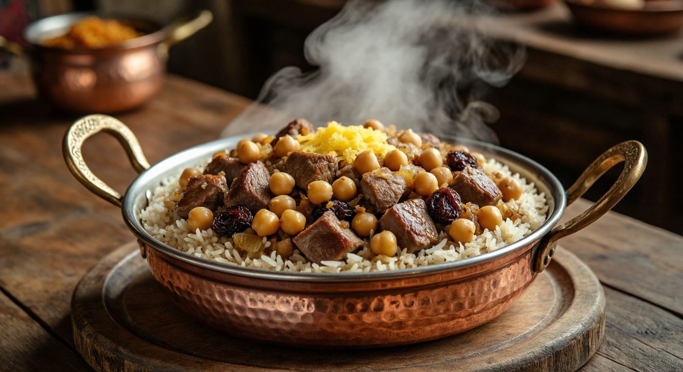 A steaming copper pot of **Divriği pilavı** with tender chunks of meat, plump rice grains, golden nohut, and dark raisins, glistening with melted butter, resting on a rustic wooden table in a traditional Turkish kitchen.