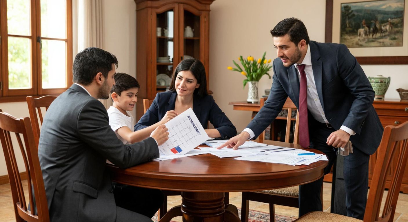 A Turkish family sits at a wooden dining table, reviewing health insurance documents with a calendar showing twelve months, while an insurance agent in a formal suit gestures reassuringly toward them.