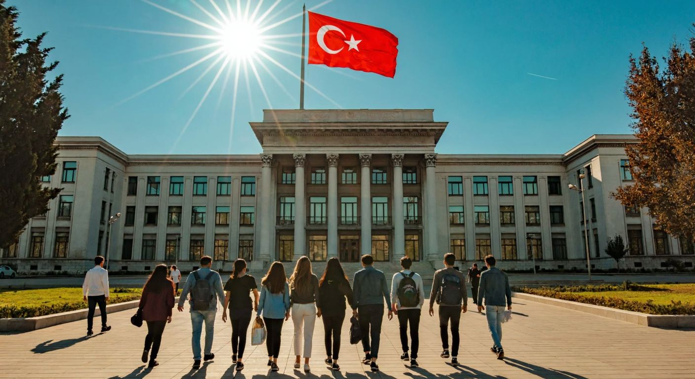 A grand university building in Istanbul with a modern facade, flanked by a group of diverse students walking toward it, under the bright sun with the Turkish flag waving gently in the background.
