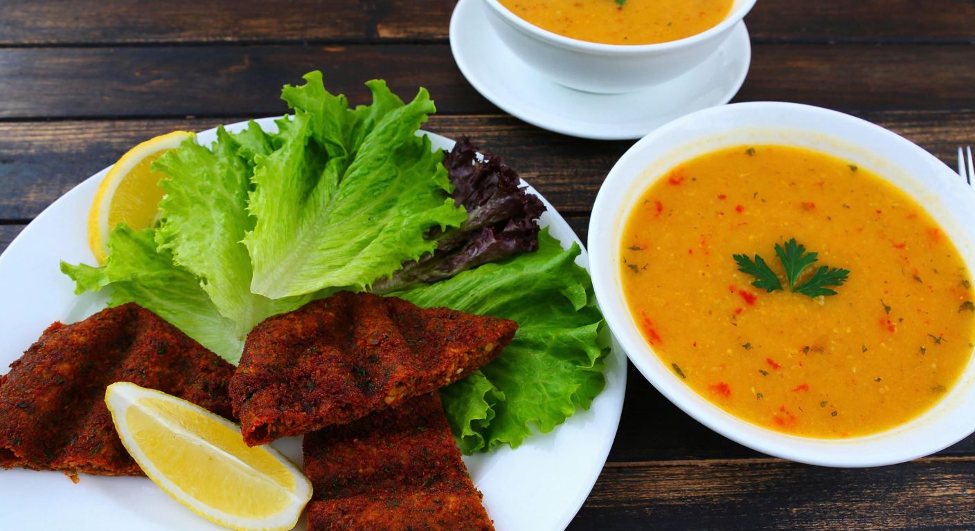 A vibrant plate of spicy çiğköfte with fresh lettuce and lemon wedges, paired with a steaming bowl of golden mercimek çorbası, set on a rustic wooden table in a cozy Turkish eatery.