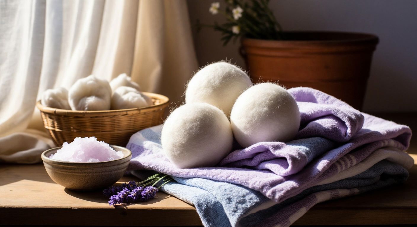 A close-up of fluffy white wool dryer balls resting on a pile of freshly laundered, colorful towels in a sunlit Turkish laundry room, with a small bowl of lavender-scented soap flakes nearby.