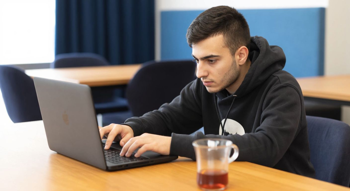 A young Turkish student in a university hoodie sits at a wooden desk, intently typing on a laptop with a focused expression, while a steaming cup of çay rests beside them.
