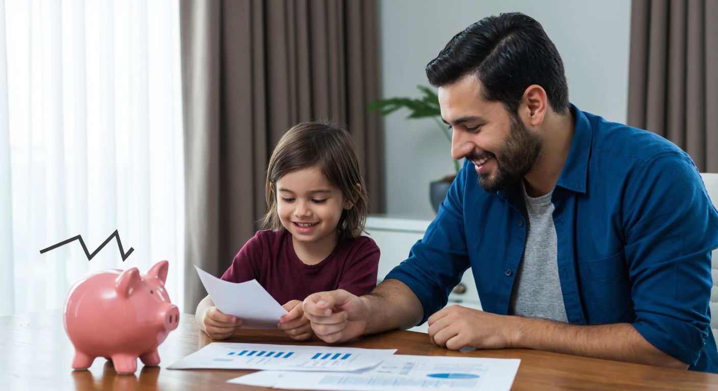 A smiling Turkish parent and child sit at a wooden table, reviewing financial documents together while a small piggy bank and a growing graph illustration rest between them, symbolizing future savings and investment growth.