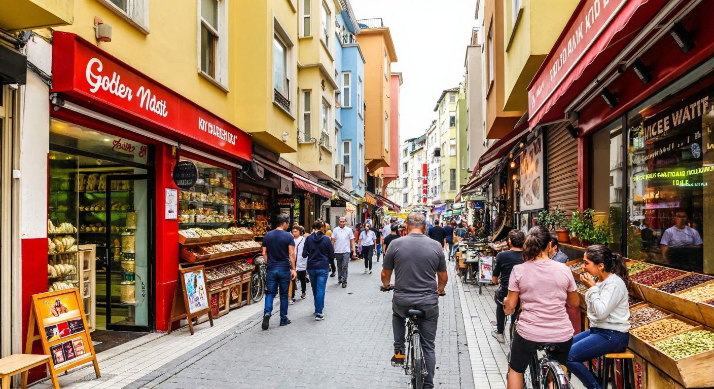 A bustling street in Kadıköy, Istanbul, with colorful storefronts including a nut shop spilling golden pistachios, a bicycle shop with gleaming frames, and a pilates studio with people stretching inside.
