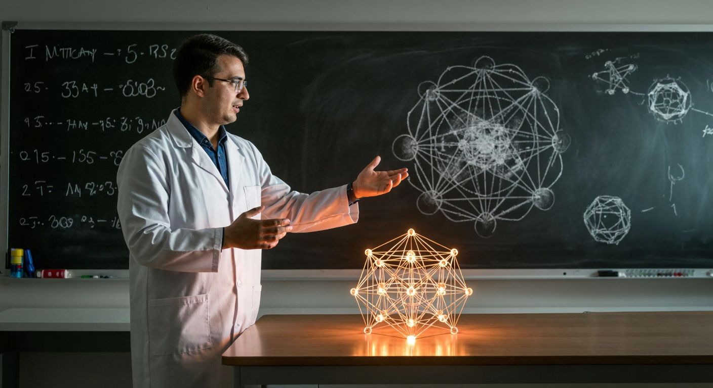 A Turkish scientist in a lab coat stands before a chalkboard covered in abstract particle diagrams, gesturing toward a glowing crystal lattice model on a table.