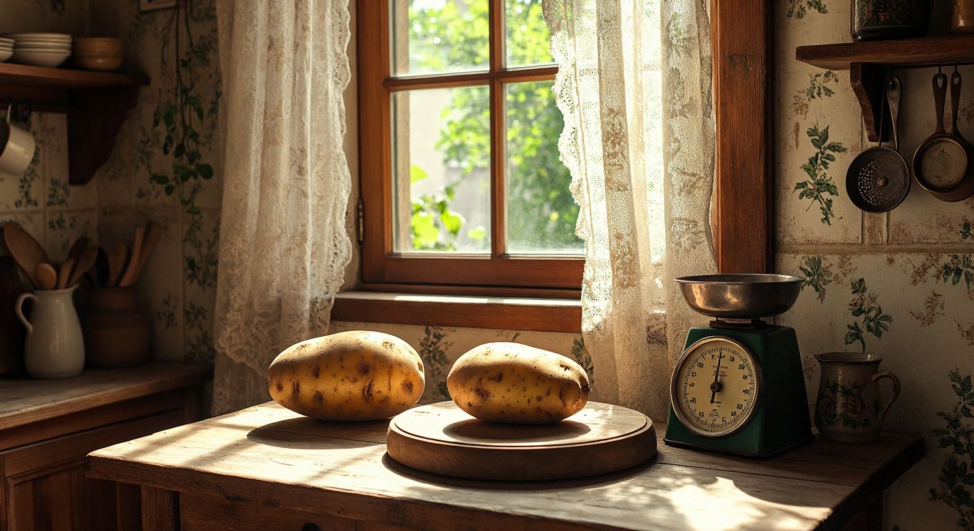 A rustic wooden table in a Turkish kitchen holds a medium-sized, earthy-brown potato next to a small kitchen scale, with warm sunlight streaming through a lace-curtained window.