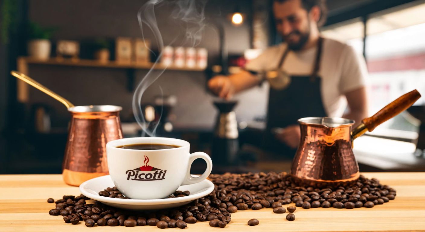 A warm Turkish café scene with a steaming cup of Piccotti coffee on a wooden table, surrounded by aromatic coffee beans, a traditional copper cezve, and a smiling barista in an apron preparing another cup.