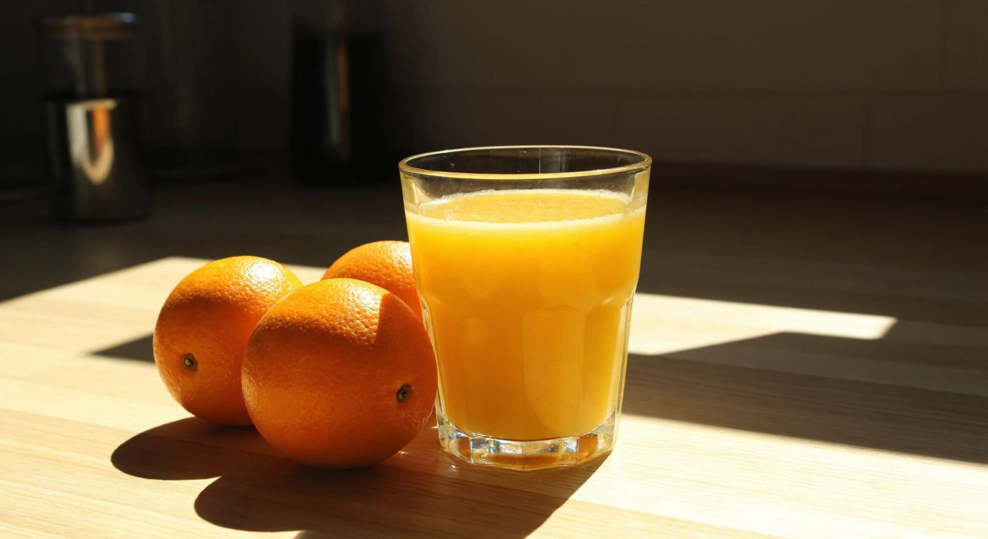 A glass of vibrant, freshly squeezed orange juice with whole oranges beside it, set on a sunlit wooden table in a Turkish kitchen.