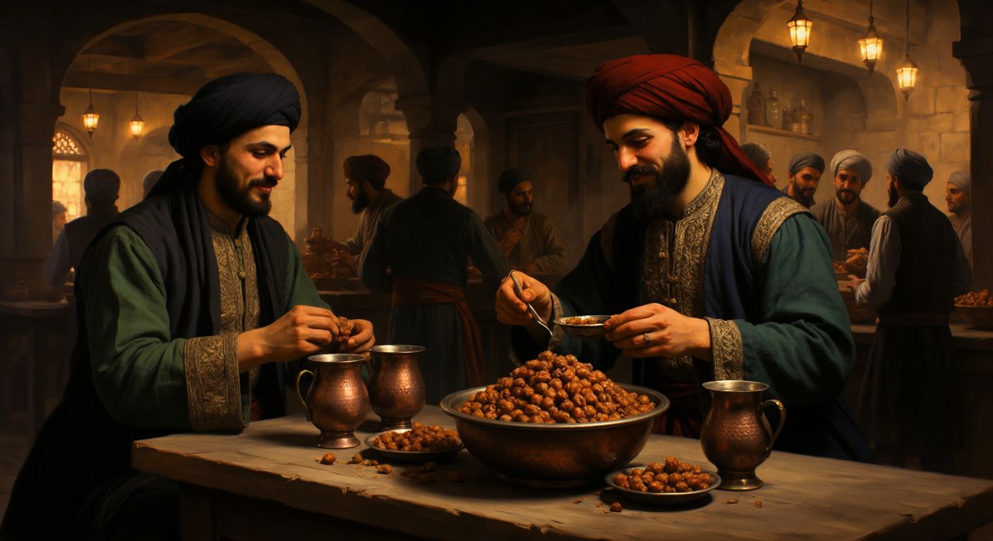A warm, dimly lit Ottoman-era tavern with people in traditional clothing sipping boza from small copper cups, garnished with cinnamon and drizzled with grape molasses, while a bowl of roasted chickpeas sits nearby.