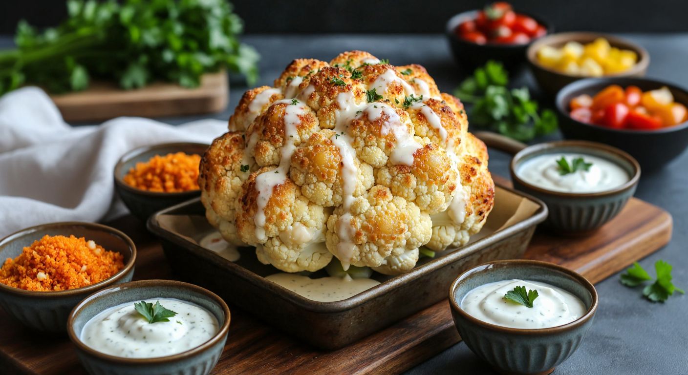 A golden-brown roasted cauliflower sits on a rustic tray, drizzled with creamy beşamel sauce, surrounded by small bowls of vibrant yoğurtlu sos and a crunchy panko-mısır unu mixture, evoking warmth and comfort in a Turkish kitchen.
