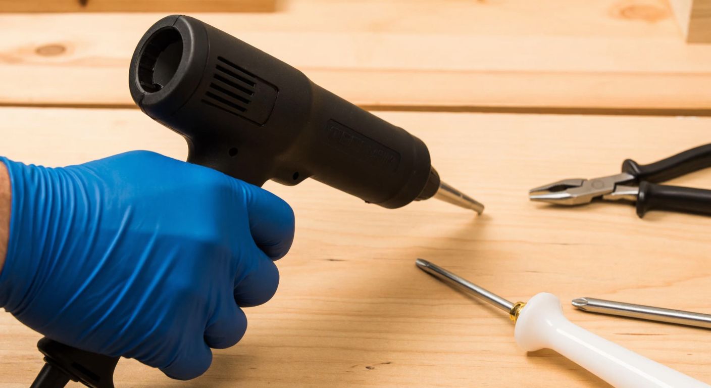 A close-up of a gloved hand using a hairdryer to soften hardened silicone in a caulking gun nozzle, with a small screwdriver and pliers lying nearby on a wooden workbench.