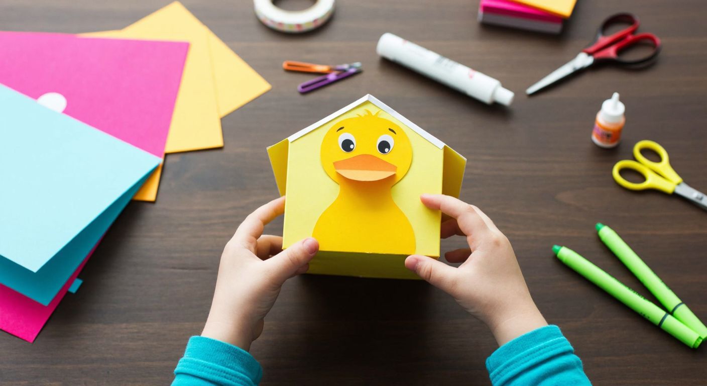 A child’s hands carefully folding colorful paper into a small 3D duck-shaped house on a wooden table, surrounded by scattered craft supplies like scissors, glue, and markers.