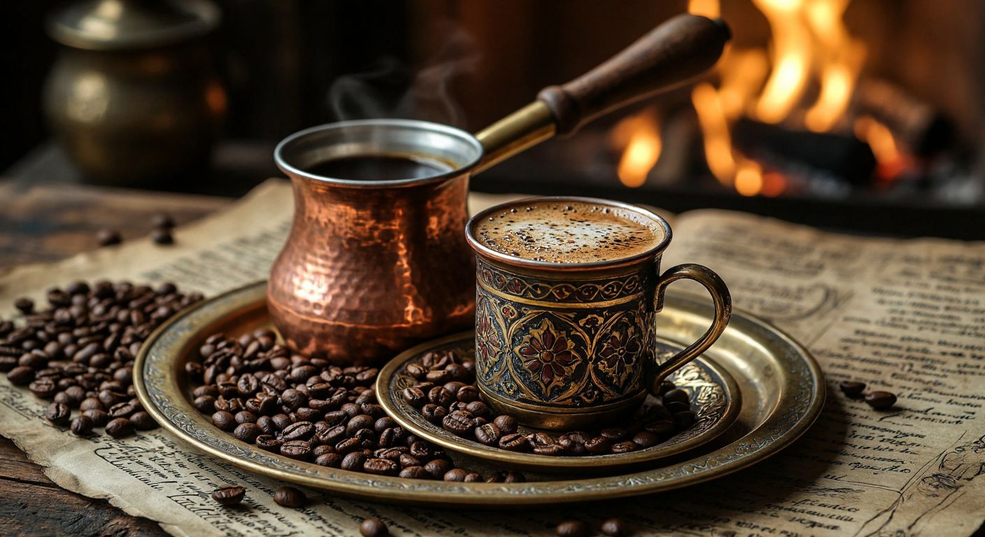 A weathered copper cezve simmers over glowing embers, its rich foam bubbling, while an ornate Turkish coffee cup rests on a brass tray beside scattered coffee beans and a faded historical manuscript.