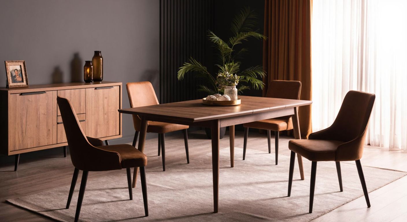 A modern dining room set with a sleek wooden table and four matching chairs, bathed in warm light in a cozy Turkish home, evoking comfort and family gatherings.