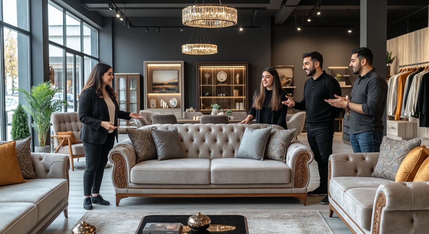 A well-lit Turkish furniture showroom displays a stylish, modern sofa with intricate stitching, surrounded by both smiling customers examining its quality and frowning ones pointing at minor flaws, while a helpful salesperson stands nearby.