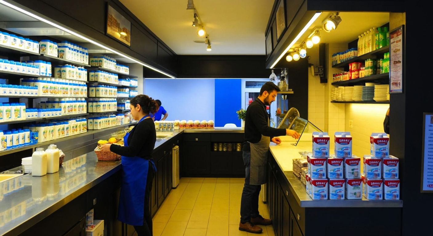 A bustling dairy shop in Istanbul with shelves lined with Berk Süt milk cartons, a shopkeeper in an apron assisting a customer, and a warm yellow glow from the store lights reflecting on the polished counter.