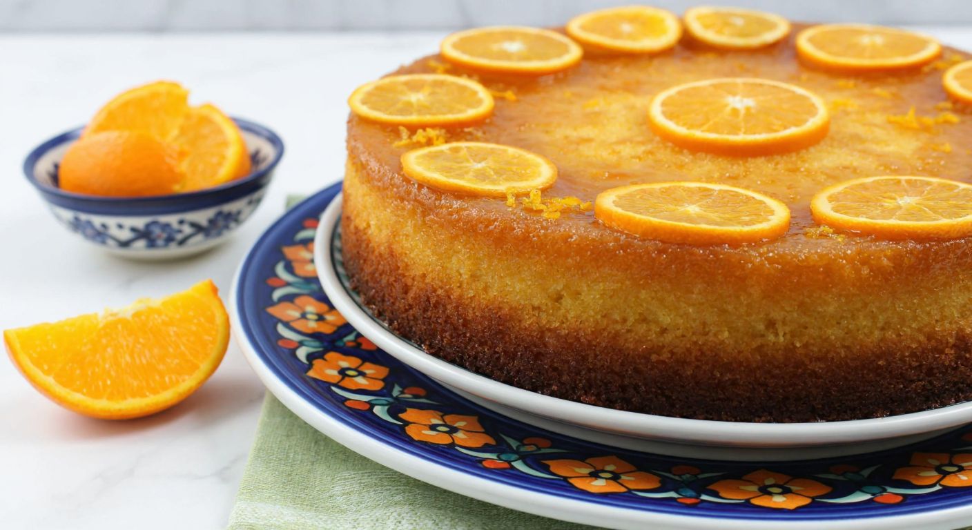 A golden, syrup-soaked revani cake garnished with fresh orange zest, resting on a traditional Turkish ceramic plate, with a bowl of bright orange segments nearby.