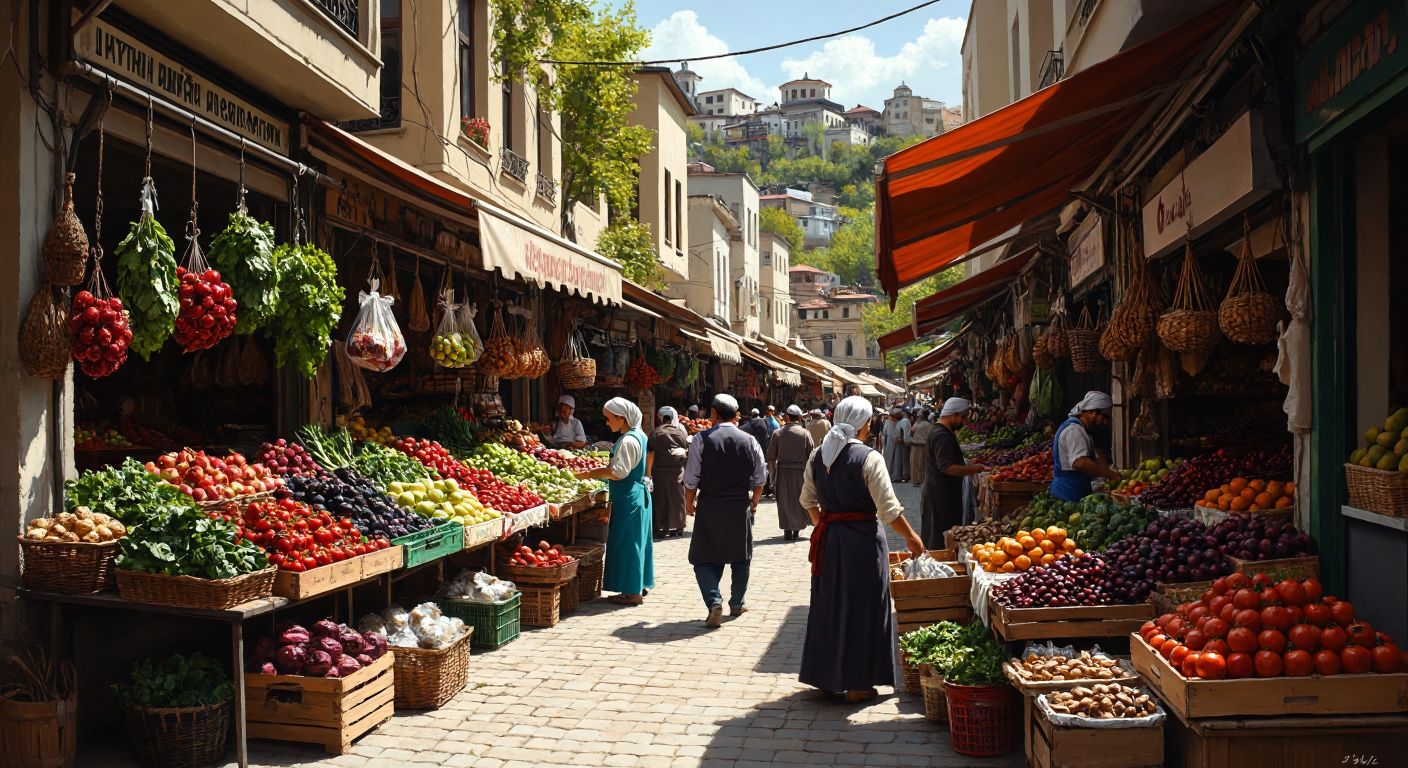 A bustling Turkish marketplace with vendors selling fresh produce and handmade goods, while factory workers in the background assemble products, symbolizing the synergy between marketing and production.