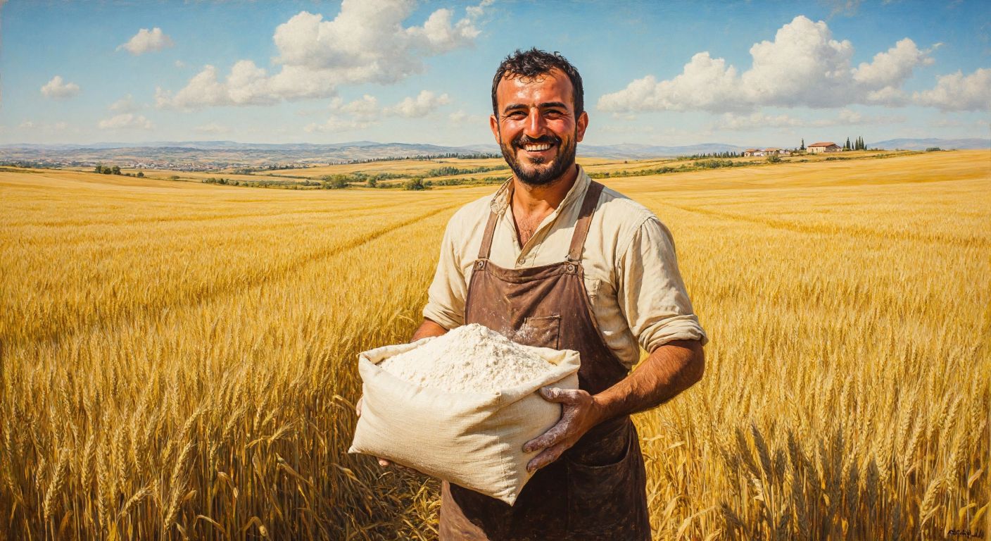 A smiling Turkish farmer proudly holding a sack of flour in a sunlit wheat field, with golden crops stretching to the horizon.