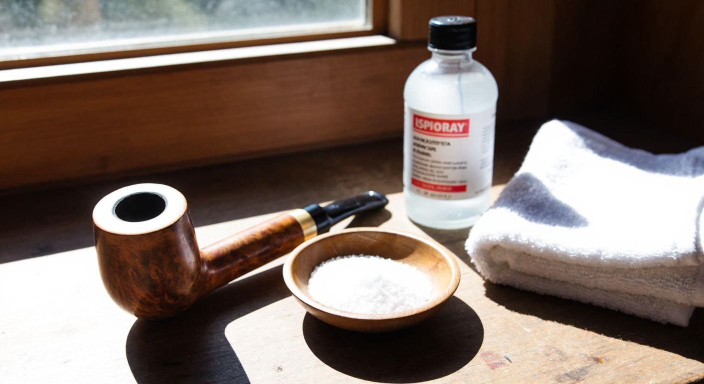 A weathered wooden pipe rests on a rustic table beside a small bowl of salt, a bottle of isopropyl alcohol, and a soft cloth, with sunlight streaming through a nearby window onto the neatly arranged cleaning tools.