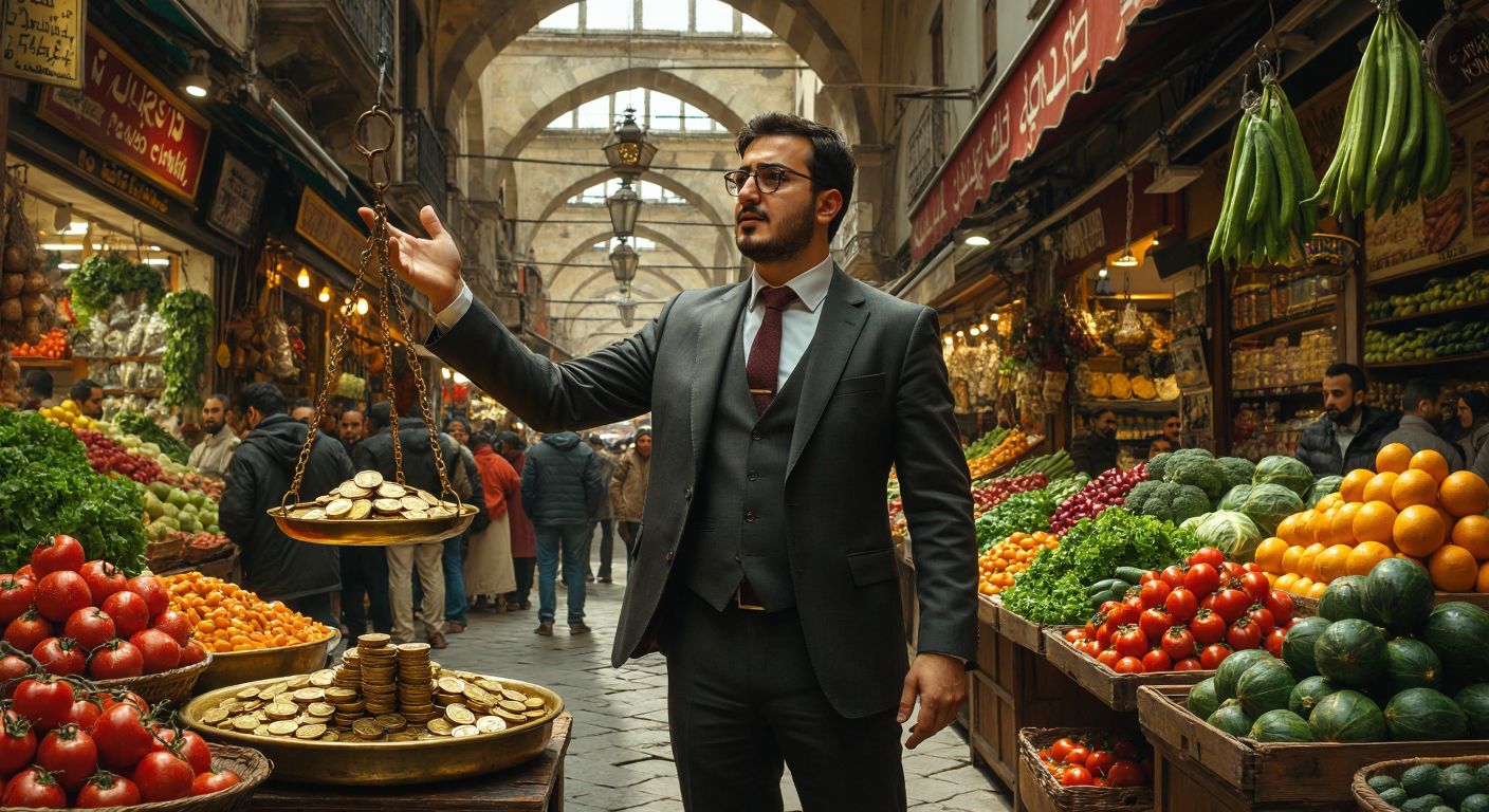 A Turkish economist in a formal suit stands in a bustling Istanbul bazaar, gesturing toward a scale balancing gold coins and fresh produce, illustrating price elasticity with dynamic hand movements.