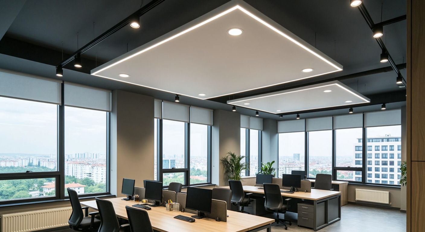 A modern Turkish office with bright, evenly distributed LED ceiling lights casting a natural white glow over a tidy workspace, large windows allowing daylight to blend with artificial lighting, and sleek adjustable fixtures mounted on a clean white ceiling.
