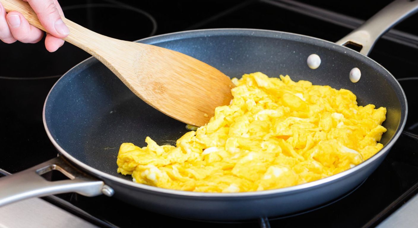 A warm, golden-yellow scrambled egg mixture sizzles in a black teflon pan on a stovetop, with a wooden spatula gently stirring it, while a hand sprinkles salt over the fluffy eggs.