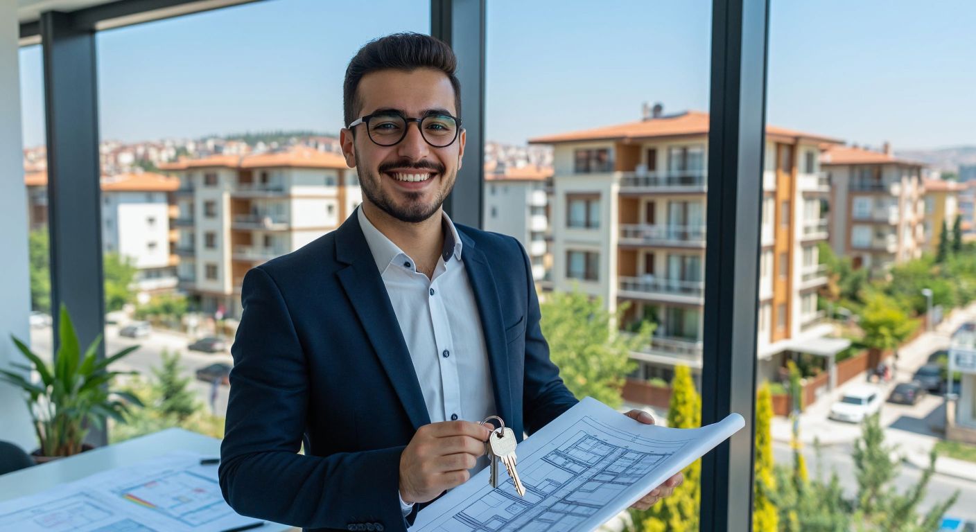 A well-dressed real estate agent in a modern Turkish office smiles warmly while holding a set of keys and a blueprint, with a vibrant cityscape featuring apartments and commercial buildings visible through the window behind them.