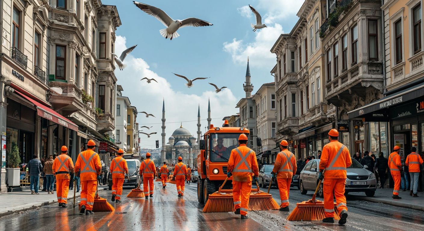 A group of municipal workers in bright orange uniforms sweeping a bustling Istanbul street lined with historic buildings, while a mechanical sweeper passes by and seagulls circle overhead.