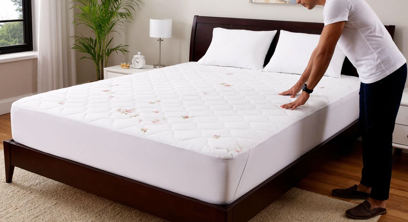 A person in a cozy Turkish bedroom carefully smoothing a fitted mattress protector (alezi) over a bed, with a floral-patterned sheet ready to be placed on top.